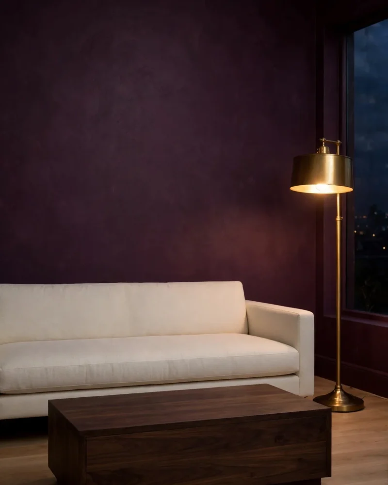 Moody Living Room with deep plum walls, a cream low sofa, a dark walnut coffee table and a warm brass floor lamp