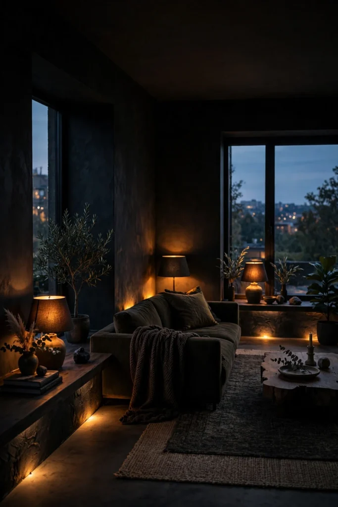 A Low Level Lighting Plan with shaded lamps on low ledges and warm dim light in a moody living room
