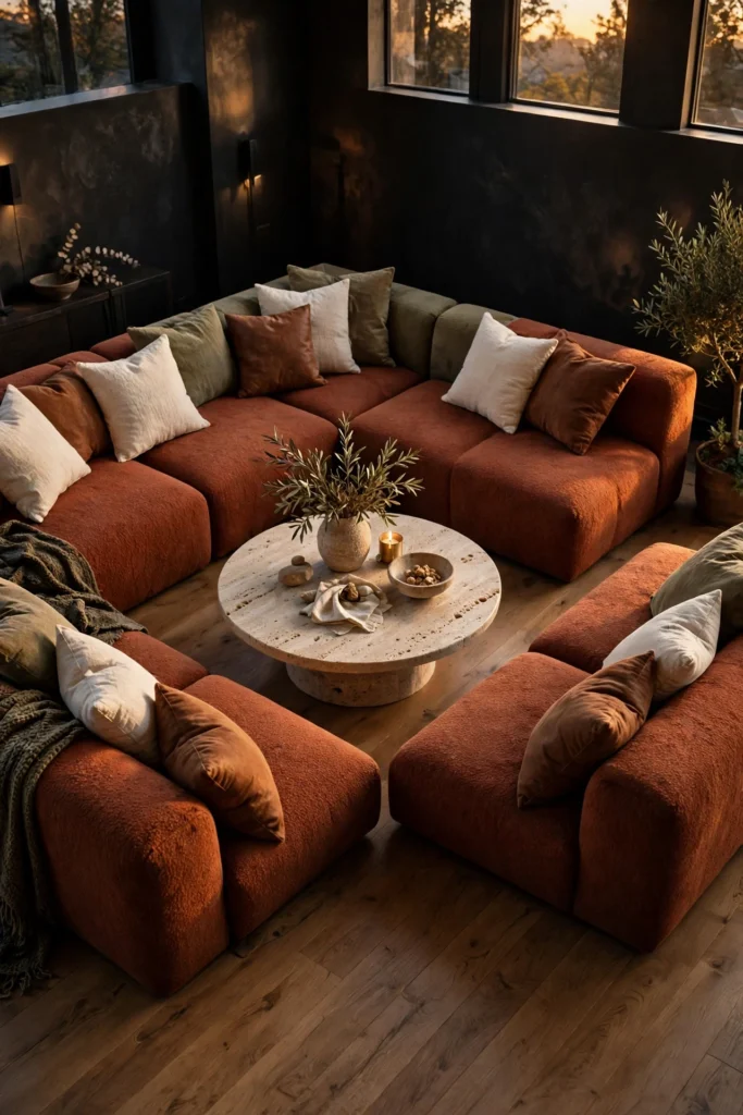 A U Shaped Sofa in Rust Mohair Around a Round Stone Table in a dark, warm living room