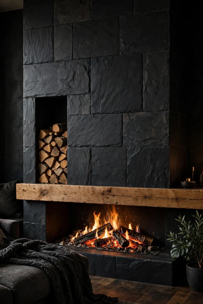 A Chimney Breast in Honed Black Slate With a Wide, Low Firebox and a thick oak mantel shelf