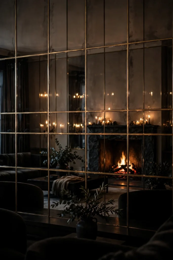 A Wall of Smoked Mirror Panels with slim brass strips reflecting candlelight in a dark living room