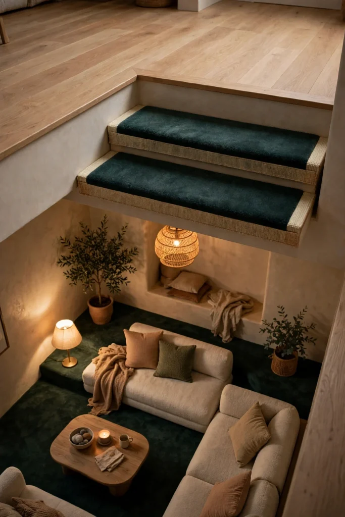 Two Shallow Steps Down Into a Carpeted Conversation Area in a dark toned living room