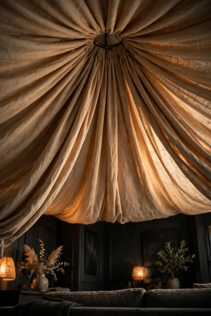 A Tented Fabric Ceiling in Warm Camel linen above a dark living room with warm lamplight in the folds
