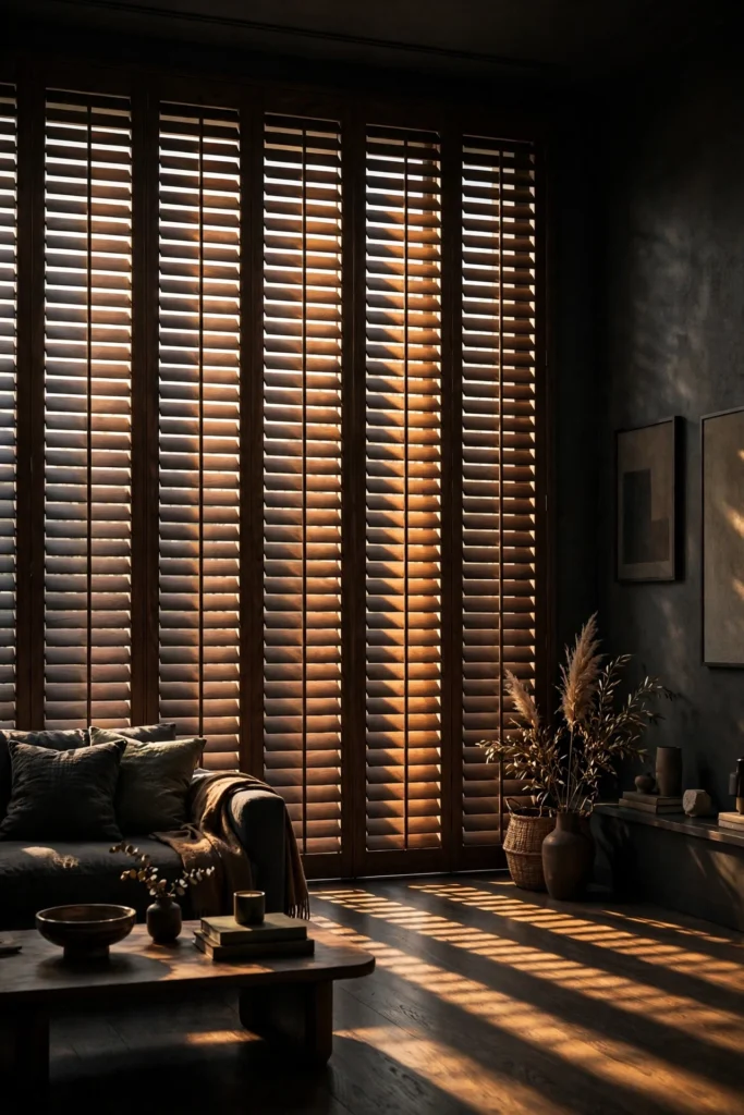 Louvred Walnut Shutters filtering warm evening sun in bands across a dark living room floor